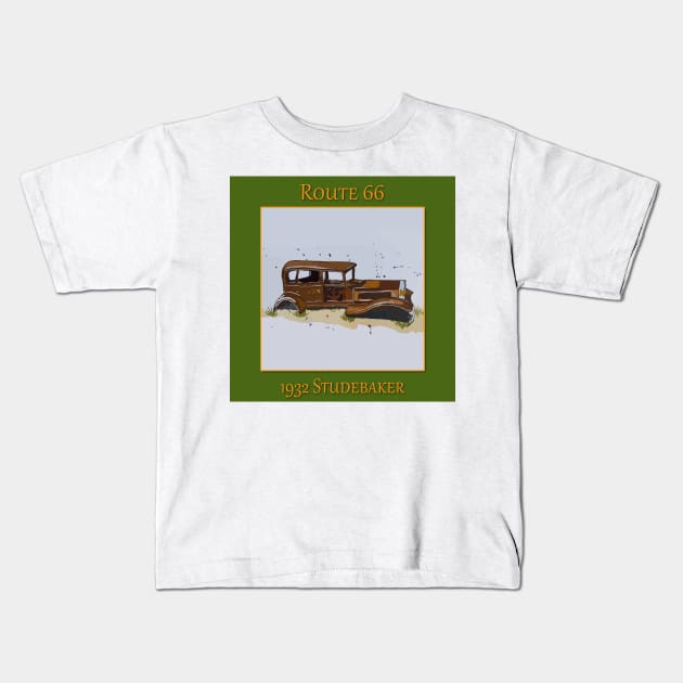 1932 Studebaker on Route 66 in Petroglyph National Park Kids T-Shirt by WelshDesigns
